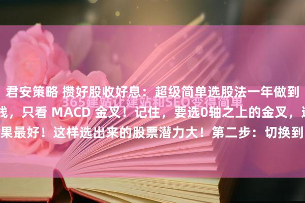 君安策略 攒好股收好息：超级简单选股法一年做到40倍第一步：打开月线，只看 MACD 金叉！记住，要选0轴之上的金叉，这种效果最好！这样选出来的股票潜力大！第二步：切换到日线，只看 20 日均线！线上持有...